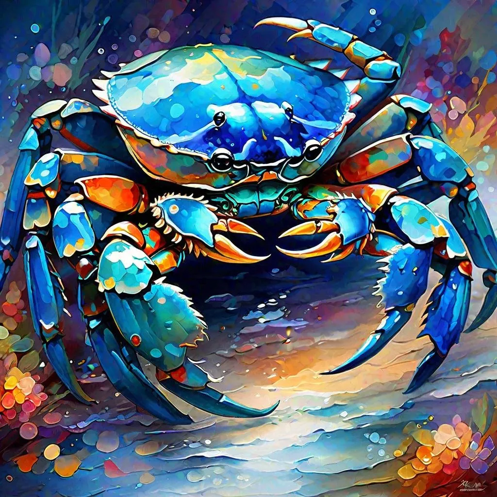 Prompt: Splendid portrait of A blue crabsl l! :: breathtaking cover art by Leonid Afremov, Brian Kesinger, Alena Aenami, Erin Hanson, Jean Baptiste Monge, insanely detailed, triadic color