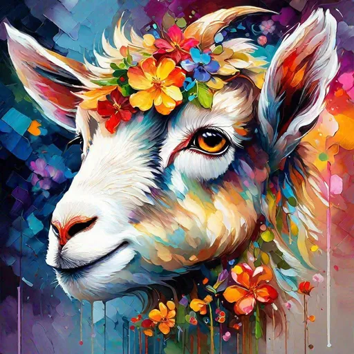 Prompt: Splendid portrait of A ((baby  little goat l! :: breathtaking cover art by Leonid Afremov, Brian Kesinger, Alena Aenami, Erin Hanson, Jean Baptiste Monge, insanely detailed, triadic color + flower