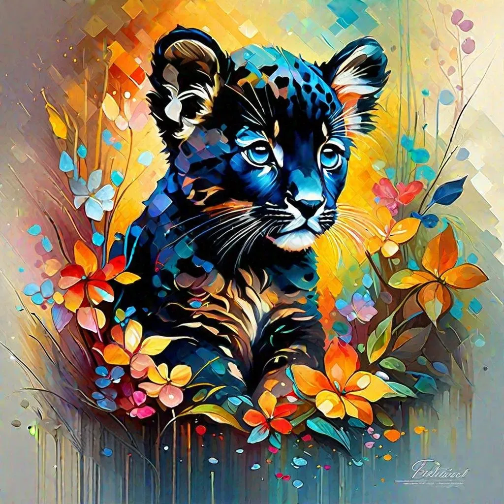Prompt: Splendid portrait of A  baby panther cub l! :: breathtaking cover art by Leonid Afremov, Brian Kesinger, Alena Aenami, Erin Hanson, Jean Baptiste Monge, insanely detailed, triadic color