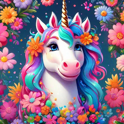 Prompt: Unicorn drawn in the style of Gretel Lusky, bright and vibrant colorful clines, flowers is her hair, bright face, beautiful and expressive eyes,. studio shot, beautiful, art by greg rutkowski, concept art, trending on artstation, cute reflective circular eyes, Pixar rendering, unreal smooth cinematic engine, intricate details, Tender Eyes, Disney character, Pixar character, Pixar animation