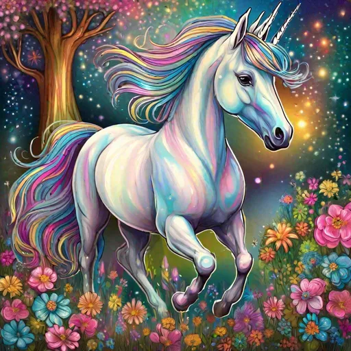 Prompt: Unicorn drawn in the style of Gretel Lusky, digital art, HDR