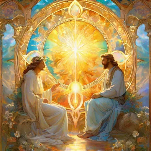 Prompt: the Triune flame: Father, Son and Holy Spirit  (Adorable). Alphonse Mucha,  8k resolution holographic astral cosmic illustration mixed media by Pablo Amaringo  ethereal fantasy hyperdetailed mist Thomas Kinkade surrealism  melting oil on canvas heavenly sunshine beams divine bright soft focus holy in the clouds