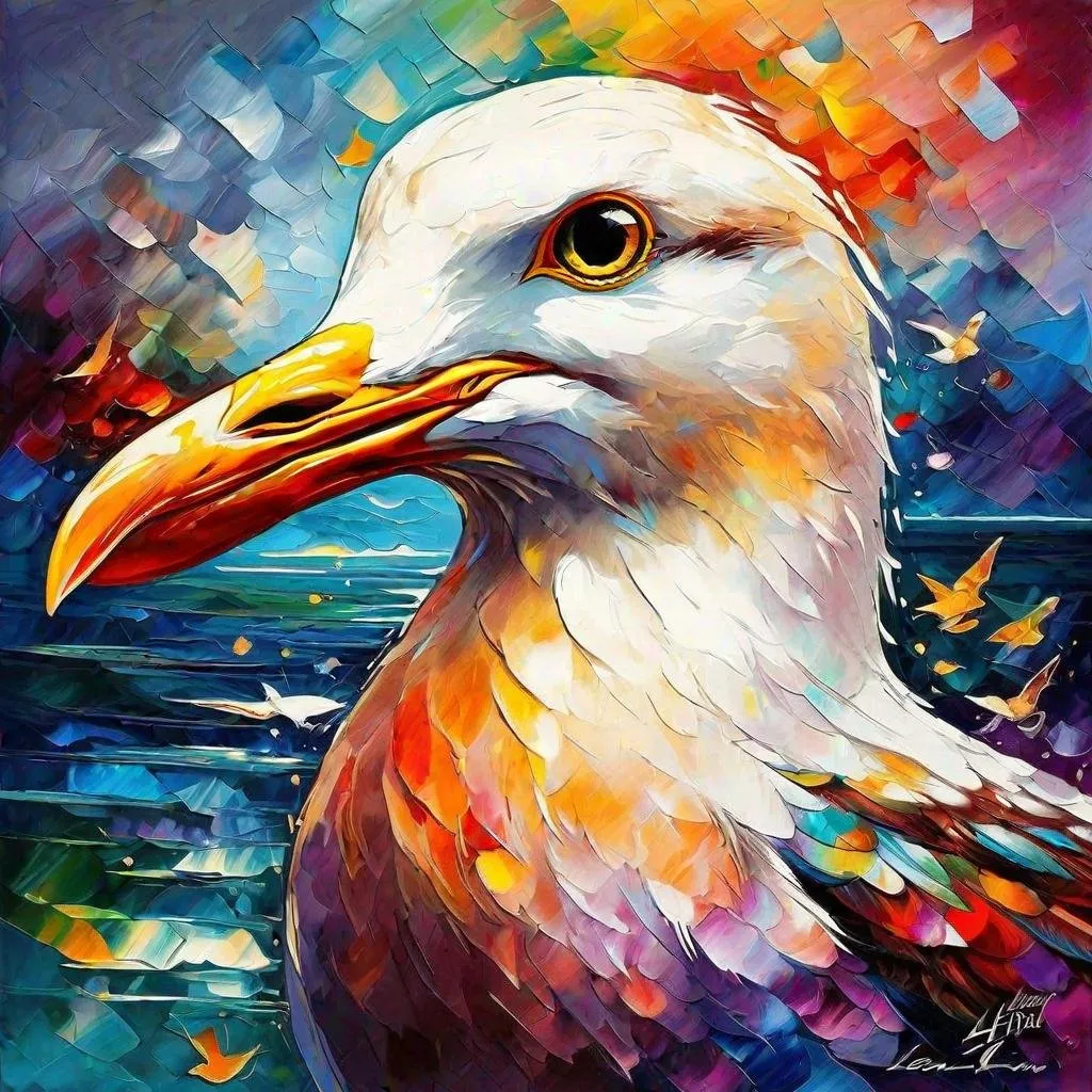 Prompt: Splendid portrait of A seagull l! :: breathtaking cover art by Leonid Afremov, Brian Kesinger, Alena Aenami, Erin Hanson, Jean Baptiste Monge, insanely detailed, triadic color