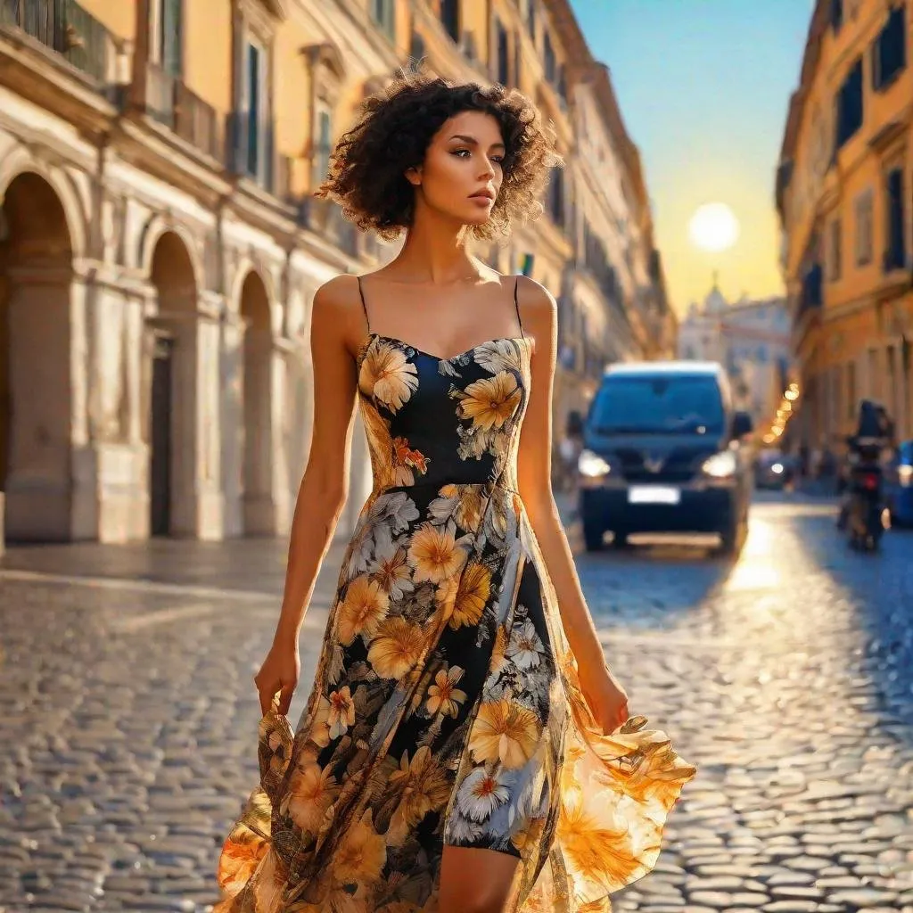 Prompt: Young, European woman, curly black hair, waist length. Large flowered dress, very summery. Strolling down a street in Rome at sunset. art by Roger Dean Guido Borelli H.R. Giger,, academic art modern art romanticism digital art watercolor volumetric lighting bokeh composite photograph trending on Artstation deviantart photorealistic golden hour anime fantasy