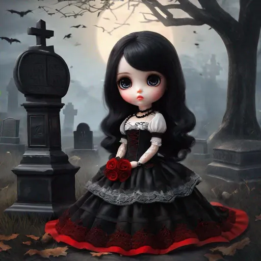 Prompt: Eerie_spooky_black_hair_doll!!! Wearing_red_and_black_gothic_dress!! Insanely_detailed_portrait_painting_of_an_adorable_spooky_chibi_doll: eerie and horror style: big blue round eyes| sitting_on_a_grave_stone_in_a_graveyard: CGSociety: ZBrush Central: fantasy art: concept art: dripping colors: scifi art: dark art: 4K 64 megapixels: 3D 8K resolution: HDR: otherworldly: reimagined by industrial light and magic: animation| 3d shading: eldritch: dark fantasy: splash screen