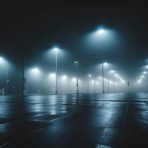 Prompt: A dimly lit empty foggy parking lot, night