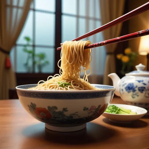 Prompt: (bowl of noodles elevated by chopsticks), (noodles shaping a figure), warm, soft lighting, cozy atmosphere, (teapot and flowers in the background), elegant table setting, sheer curtains enhancing light, (vibrant colors), inviting ambiance, intricate detail, (ultra-detailed), culinary art, pleasing composition, highlighting the cultural elegance, (high quality, 4K),