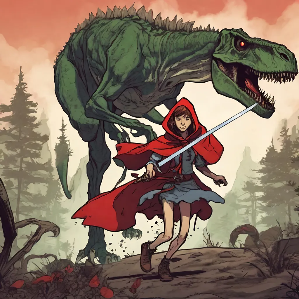 Prompt: very skinny, 14 year old barefoot, barebellied red riding hood with abs, sword, smiling, slaying t-rex with belly stabs