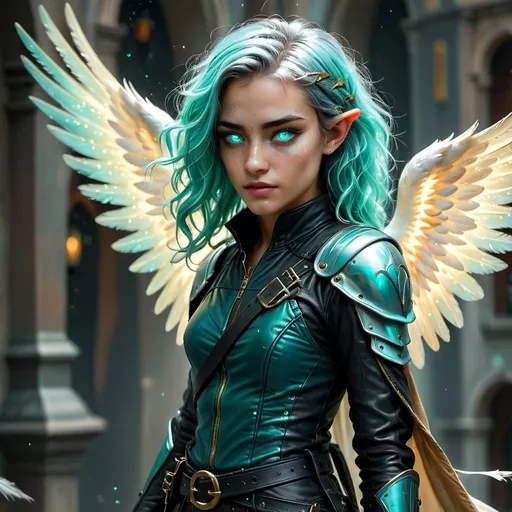 Prompt: Female aasimar rogue assassin with shortsword and throwing daggers, opalescent skin, teal hair, metallic freckles, luminous eyes, teal angel wings, dark leather armor, highres, detailed, fantasy, opalescent skin, green skin, pointy ears, luminous eyes, teal hair, metallic freckles, angel wings, rogue, assassin, dark leather armor, atmospheric lighting