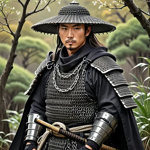 Prompt: Male human paladin in samurai-style chain mail, wearing a katana on his back, wearing a wide rice farmer hat and a long black cloak, high-quality, detailed, samurai, fantasy, cool tones, heroic lighting, detailed chain mail armor,