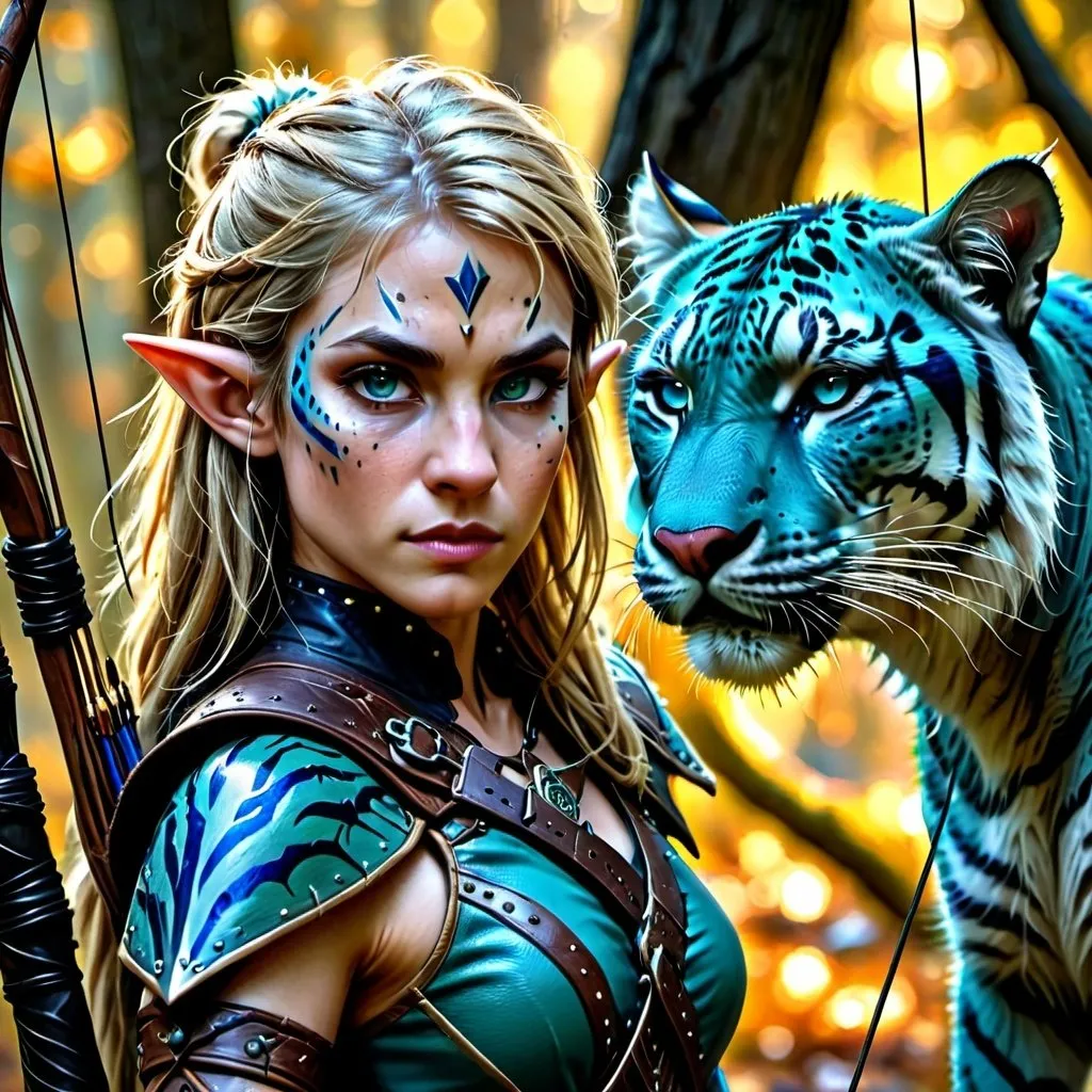 Prompt: Detailed digital art of a female wood elf ranger with a longbow, studded leather armor, dirty blonde hair, teal armor, accompanied by a blue tiger, highres, realistic, fantasy, woodland setting, detailed facial features, intricate bow design, realistic fur textures, intense gaze, atmospheric lighting, cool tones, detailed eyes, professional, animal companion