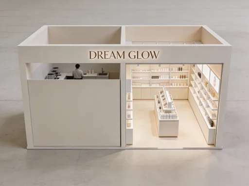 Prompt: MAKE A BUSINESS STALL, Create a minimalist floor plan, with a separate area for production area for creating the products and the outlet area where the product will be displayed, make the design minimalist and easy to define. make the outlet area open for the customers and the product displayed and the production area make is hidden it's for the staff make it look like a small space. the name of the business is DREAM GLOW, make the layout plain