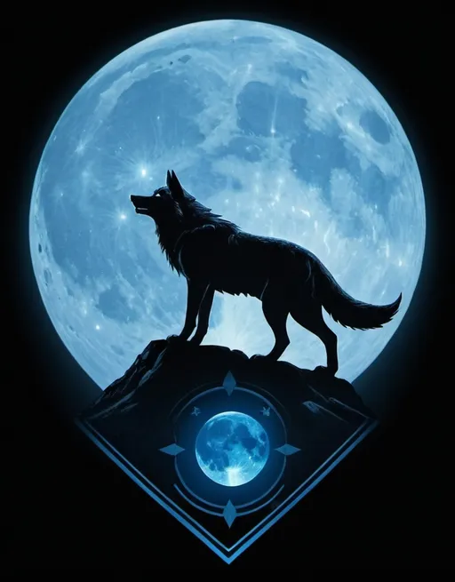 Prompt: A dark-themed image featuring the Paysandu logo. The background is dominated by a large glowing blue moon, with the Paysandu logo embedded in the moon's texture. In the foreground, a silhouette of a wolf howling is centered at the bottom, its figure outlined by the bright glow of the moon. The Paysandu shield and the letters 'PSC' are faintly visible within the moon, giving a mystical, ethereal feel. The overall scene has a dark, cosmic atmosphere, with a strong contrast between the black foreground and the glowing blue elements.