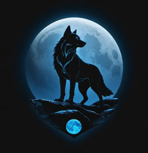 Prompt: A dark-themed image featuring the Paysandu logo. The background is dominated by a large glowing blue moon, with the Paysandu logo subtly embedded in the moon's texture. In the foreground, a silhouette of a wolf howling is centered at the bottom, its figure outlined by the bright glow of the moon. The Paysandu shield and the letters 'PSC' are faintly visible within the moon, giving a mystical, ethereal feel. The overall scene has a dark, cosmic atmosphere, with a strong contrast between the black foreground and the glowing blue elements.