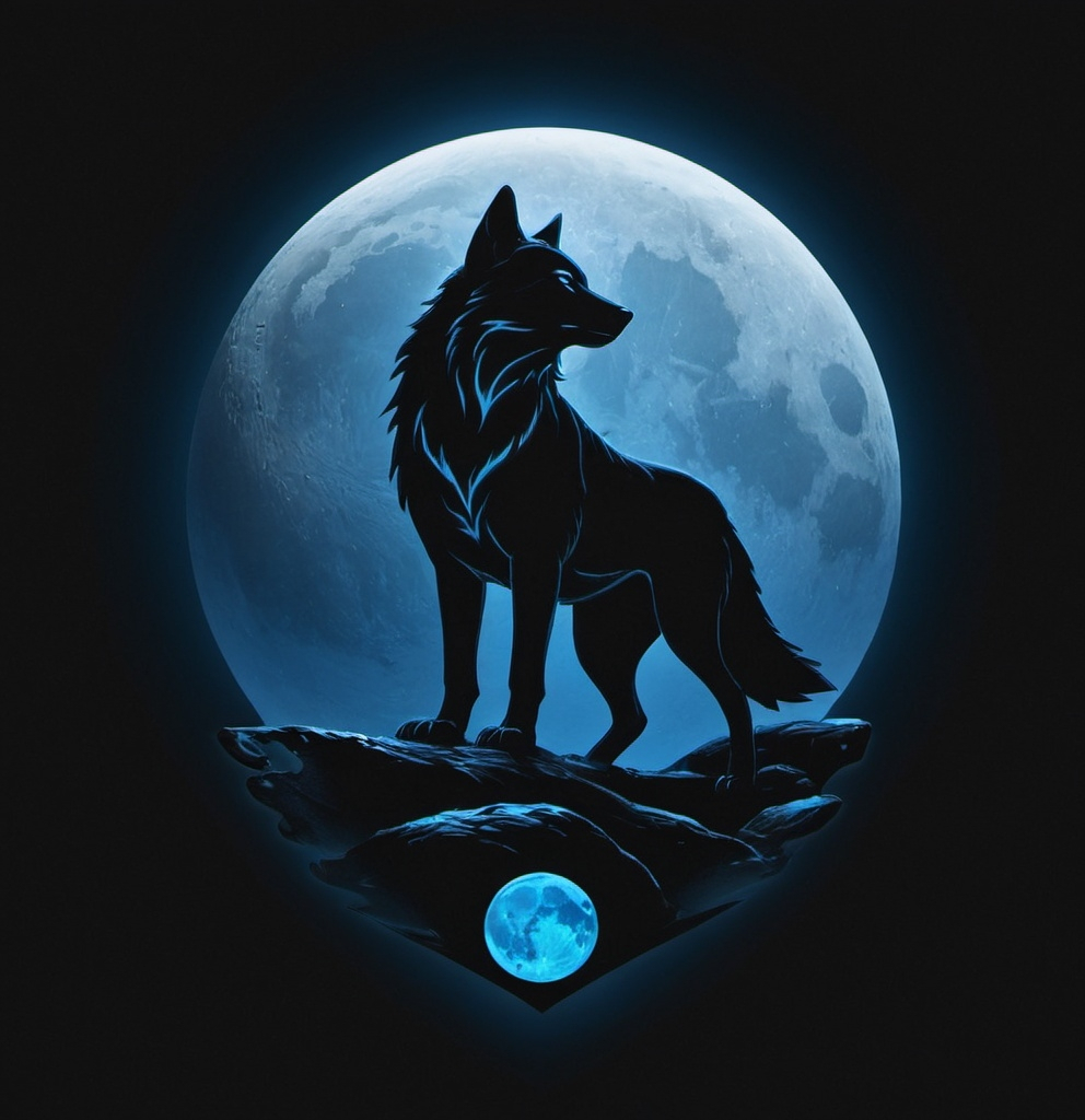 Prompt: A dark-themed image featuring the Paysandu logo. The background is dominated by a large glowing blue moon, with the Paysandu logo subtly embedded in the moon's texture. In the foreground, a silhouette of a wolf howling is centered at the bottom, its figure outlined by the bright glow of the moon. The Paysandu shield and the letters 'PSC' are faintly visible within the moon, giving a mystical, ethereal feel. The overall scene has a dark, cosmic atmosphere, with a strong contrast between the black foreground and the glowing blue elements.