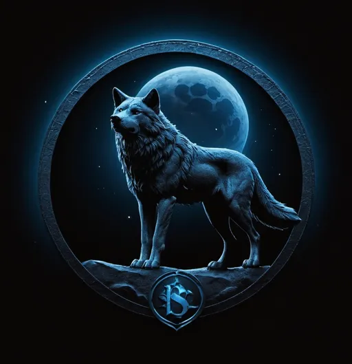 Prompt: A dark-themed image featuring the Paysandu logo. The background is dominated by a large glowing blue moon, with the Paysandu logo subtly embedded in the moon's texture. In the foreground, a silhouette of a wolf howling is centered at the bottom, its figure outlined by the bright glow of the moon. The Paysandu shield and the letters 'PSC' are faintly visible within the moon, giving a mystical, ethereal feel. The overall scene has a dark, cosmic atmosphere, with a strong contrast between the black foreground and the glowing blue elements.