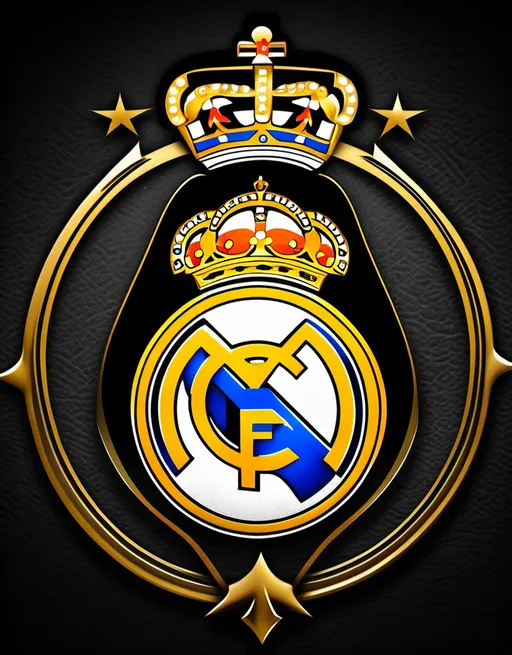 Prompt: A wallpaper with a dark theme featuring the Real Madrid logo. The background is black with a subtle textured effect, providing depth. The Real Madrid logo is centered and prominent, rendered in shiny gold, standing out against the dark background. The crown on top of the crest has a metallic sheen, and the letters 'Real Madrid' and the outer circle details are outlined in silver-white, adding a refined touch. A soft glow surrounds the logo, creating a subtle aura while maintaining the dark, elegant theme.