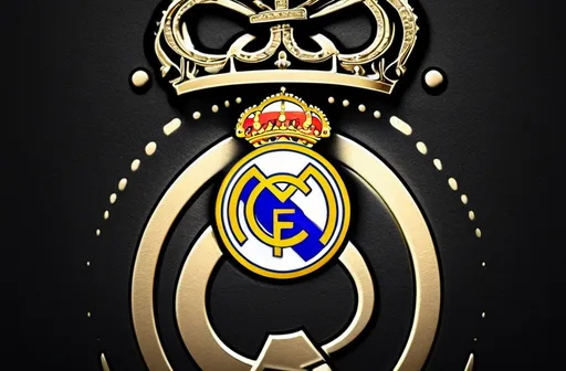 Prompt: A wallpaper with a dark theme featuring the Real Madrid logo. The background is black with a subtle textured effect, providing depth. The Real Madrid logo is centered and prominent, rendered in shiny gold, standing out against the dark background. The crown on top of the crest has a metallic sheen, and the letters 'Real Madrid' and the outer circle details are outlined in silver-white, adding a refined touch. A soft glow surrounds the logo, creating a subtle aura while maintaining the dark, elegant theme.