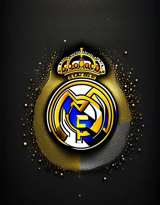 Prompt: A wallpaper with a dark theme featuring the Real Madrid logo. The background is black with a subtle textured effect, providing depth. The Real Madrid logo is centered and prominent, rendered in shiny gold, standing out against the dark background. The crown on top of the crest has a metallic sheen, and the letters 'Real Madrid' and the outer circle details are outlined in silver-white, adding a refined touch. A soft glow surrounds the logo, creating a subtle aura while maintaining the dark, elegant theme.