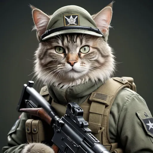 Prompt: Photorealistic cat in an army outfit holding an AK-47, realistic fur texture, intense and focused gaze, military theme, high-quality, photorealistic, detailed eyes, realistic fur, army outfit, intense gaze, military theme, professional lighting, cool tones, highres