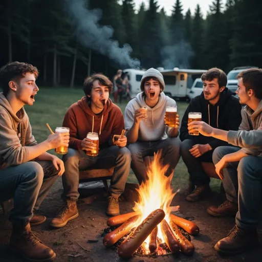 Prompt: Create an image of 25 people of a youth movement eating a hot dog and drinking beer next to a campfire in the evening. now make one persons pants catch on fire

