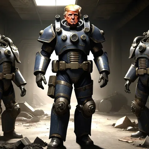 Prompt: Donald Trump wearing Enclave power armor from Fallout.