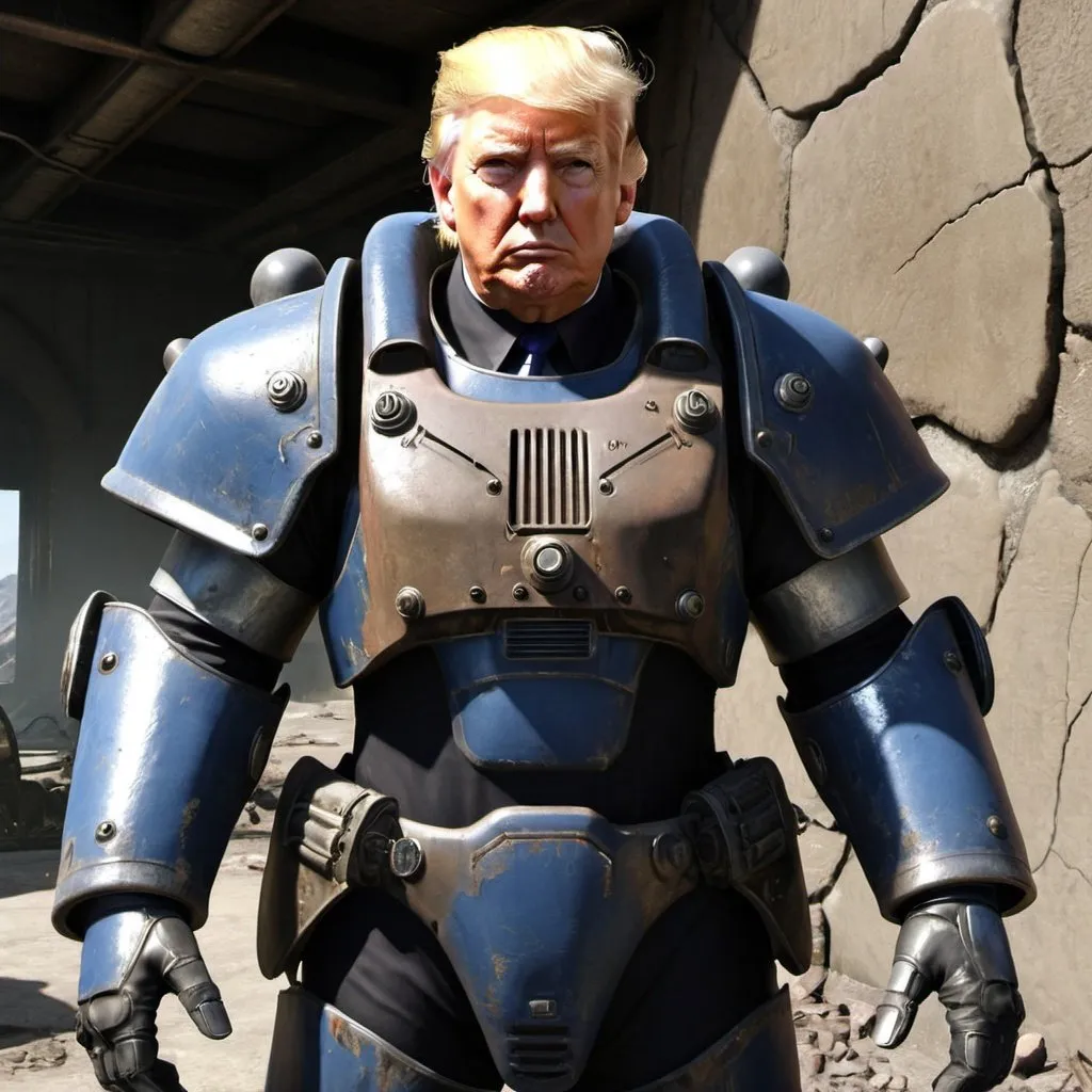 Prompt: Donald Trump wearing Enclave power armor from Fallout.