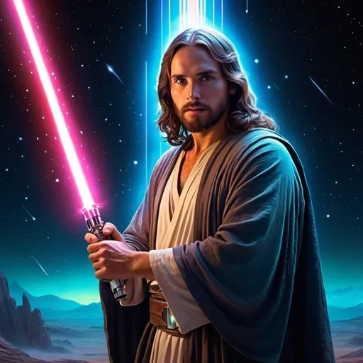 Prompt: Star Wars Jesus (holding a vibrant lightsaber), divine aura, celestial background filled with stars, ethereal glow, dramatic lighting, epic sci-fi atmosphere, mystical presence, intergalactic landscape, vivid colors, bold contrasts, high-resolution, ultra-detailed, captivating composition, blending spirituality with futuristic elements, cinematic inspiration.