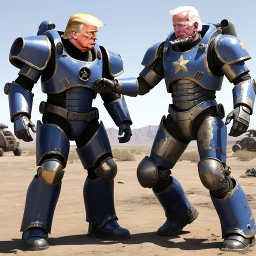Prompt: Donald Trump and Joe Biden fighting wearing Enclave power armor from Fallout.
