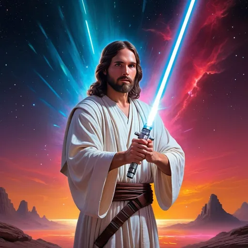 Prompt: Star Wars Jesus (holding a vibrant lightsaber), divine aura, celestial background filled with stars, ethereal glow, dramatic lighting, epic sci-fi atmosphere, mystical presence, intergalactic landscape, vivid colors, bold contrasts, high-resolution, ultra-detailed, captivating composition, blending spirituality with futuristic elements, cinematic inspiration.