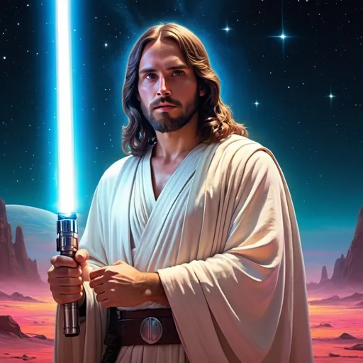 Prompt: Star Wars Jesus (holding a vibrant lightsaber), divine aura, celestial background filled with stars, ethereal glow, dramatic lighting, epic sci-fi atmosphere, mystical presence, intergalactic landscape, vivid colors, bold contrasts, high-resolution, ultra-detailed, captivating composition, blending spirituality with futuristic elements, cinematic inspiration.