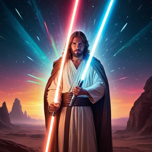 Prompt: Star Wars Jesus (holding a vibrant lightsaber), divine aura, celestial background filled with stars, ethereal glow, dramatic lighting, epic sci-fi atmosphere, mystical presence, intergalactic landscape, vivid colors, bold contrasts, high-resolution, ultra-detailed, captivating composition, blending spirituality with futuristic elements, cinematic inspiration.