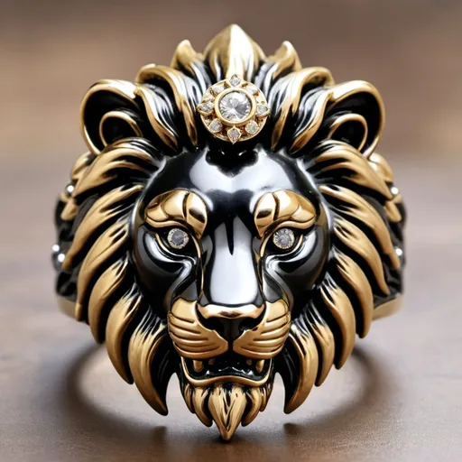 Prompt: Black and golden lion head ring with diamond studs eyes and mane