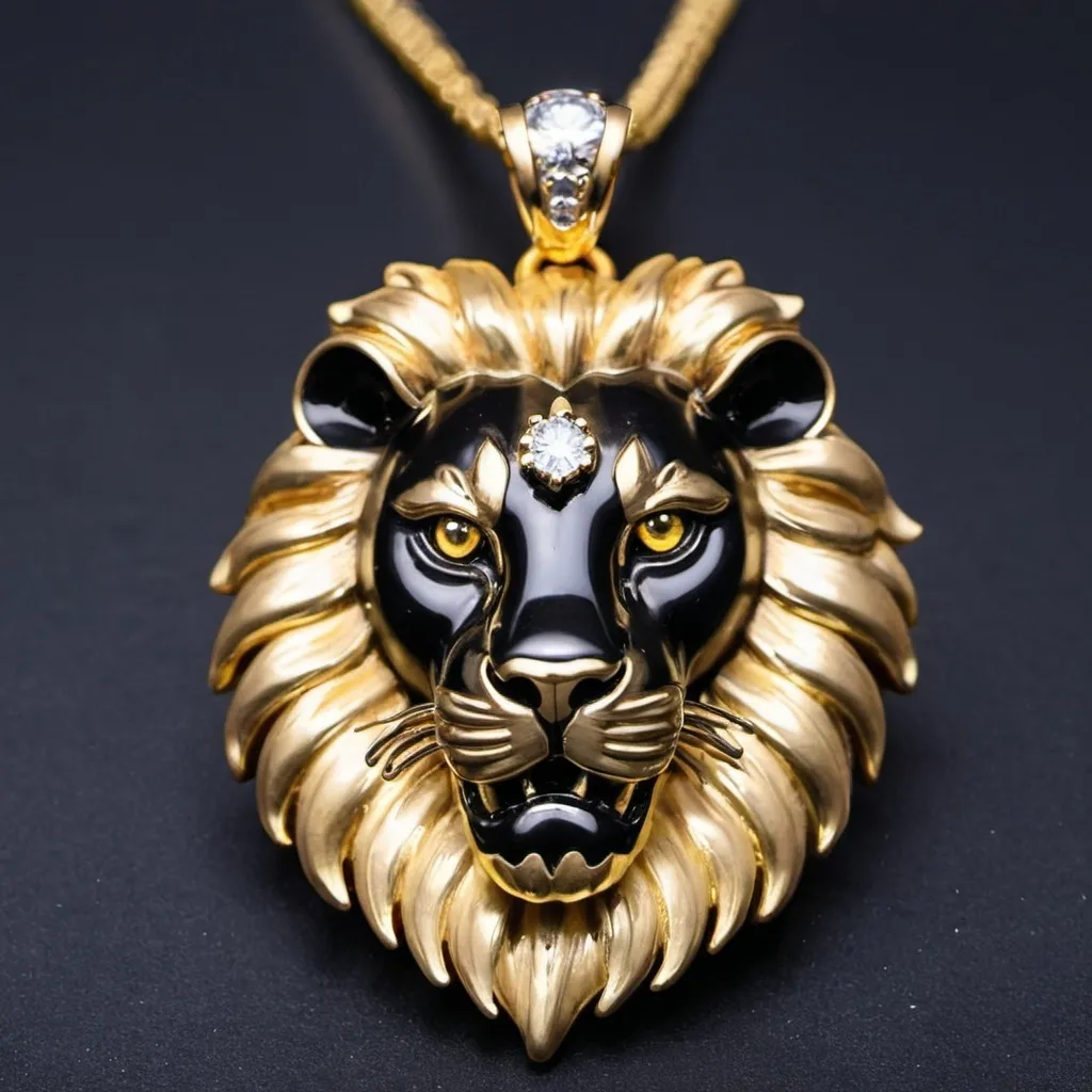 Prompt: Black and golden lion head pendant with diamond studs eyes and mane