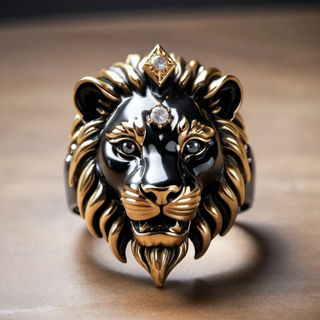 Prompt: Black and golden lion head ring with diamond studs eyes and mane