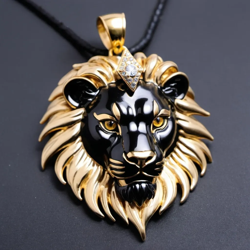 Prompt: Black and golden lion head pendant with diamond studs eyes and mane