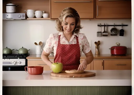 Prompt: Bored 30 year old housewife, making apple pie, 1970s style decor, authentic 1970s clothing and hairstyle, warm retro lighting, vintage film grain look, polaroid, sarcasm, mischievous, nostalgic feel, analog film texture, rich details capturing the essence of the decade,