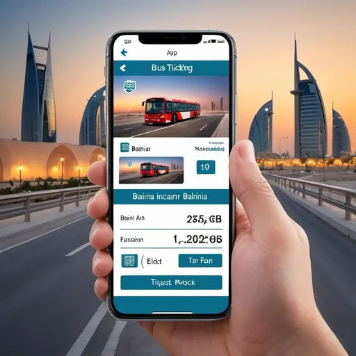 Prompt: Create a mockup image of an app which is for bus ticketing system in Bahrain (include scenery from Bahrain in the Background).