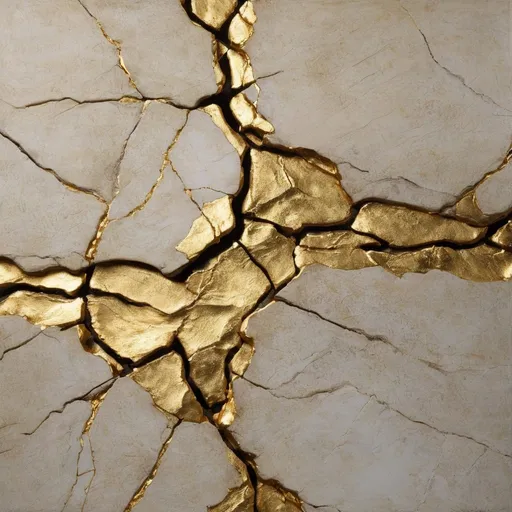 Prompt: beautiful renaissance painting depicting cracks in stone filled with gold