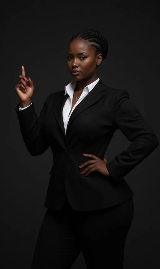 Prompt: This image is a hyper-realistic digital artwork of a woman in a business suit.
The woman has dark skin, twisted hairstyle, and red nails, wearing a black suit with a white shirt and silver necklace. Her left hand is on her hip, and her right hand points upward. The dark gray background and detailed features create a lifelike atmosphere, showcasing exceptional digital artistry.