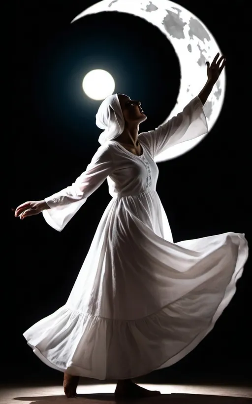 Prompt: Psychotic, Pills, Agitated, Sufi, white dress, Dancing, Dark background, trance, psychedelic, islamic cap, silhouette, moon