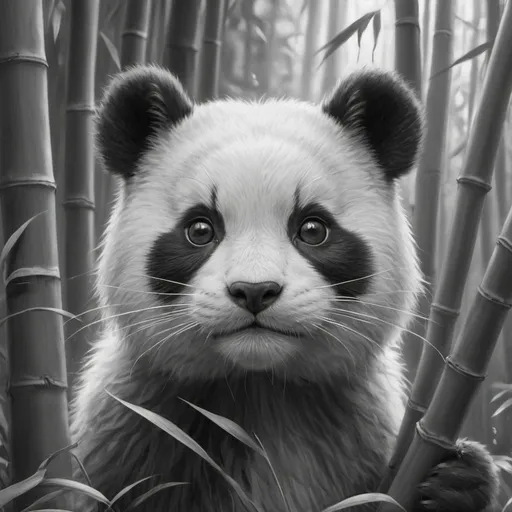 Prompt: Detailed illustration of a panda-like cat enjoying bamboo, realistic pencil drawing, intricate fur texture, high-res, black and white, adorable facial expression, fluffy ears, bamboo forest setting, playful mood, professional, exquisite shading, cute, detailed eyes, nature-inspired, artistic, high-quality, pencil drawing, realistic, intricate fur texture, playful mood, adorable, black and white, bamboo forest, detailed ears, professional