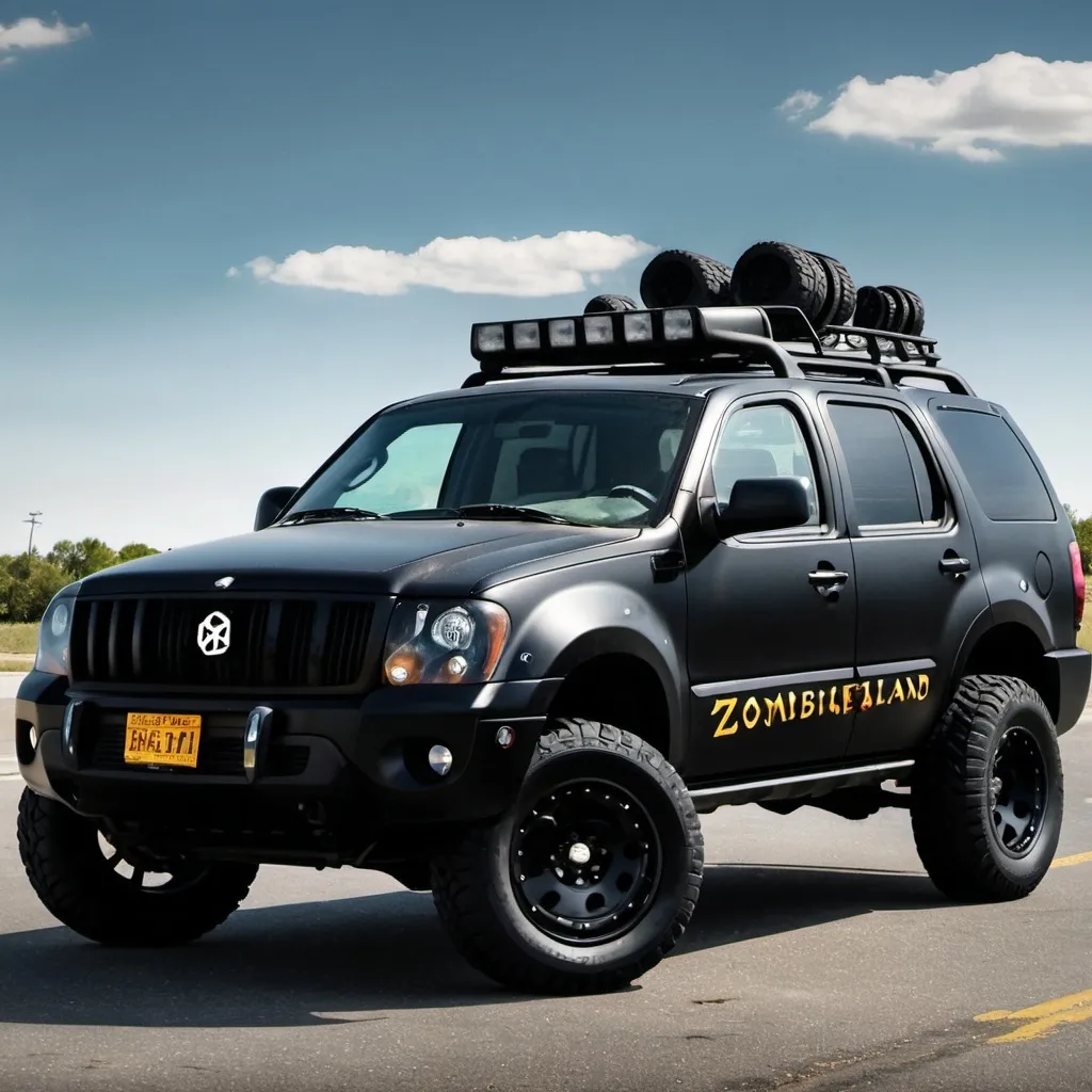 Prompt: Zombieland black suv