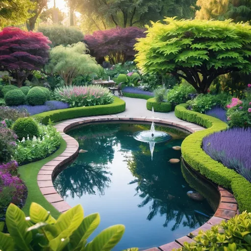 Prompt: a garden surrounded by shiny water
