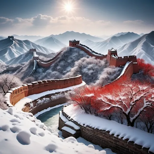 Prompt: Northern winter landscape, thousand miles of ice, endless snow, Great Wall, covered in snow, majestic scenery, frozen river, undulating mountains, silver snake, wax elephant, challenging the sky, sunny day, radiant red and white contrast, beautiful and enchanting, photorealistic, 50mm lens, classic composition, masterpiece, exquisite, color correction, amazing visual effects, crazy details, intricate details, sharp focus, super high effect, HD, 16k --ar 3:4 --v 6.0