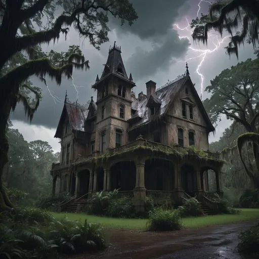 Prompt: thick forest with massive trees, extensive underbrush,  volumes of vines Spanish moss and creepers lacing their way through the old growth, dark sky, storm clouds with lightning through the canopy. heavy driving rain catching the light. a decaying gothic style mansion slowly being subsumed by the vegetation.  4k ultra detailed. stormy. lighting