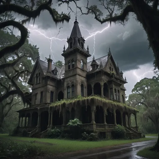 Prompt: thick forest with massive trees, extensive underbrush,  volumes of vines Spanish moss and creepers lacing their way through the old growth, dark sky, storm clouds with lightning through the canopy. heavy driving rain catching the light. a decaying gothic style mansion slowly being subsumed by the vegetation.  4k ultra detailed. stormy. lighting