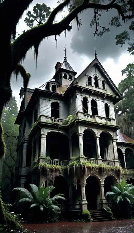 Prompt: thick forest with massive trees, extensive underbrush,  volumes of vines Spanish moss and creepers lacing their way through the old growth, dark sky, storm clouds with lightning through the canopy. heavy driving rain catching the light. a decaying gothic style mansion slowly being subsumed by the vegetation.  4k ultra detailed. stormy. lighting