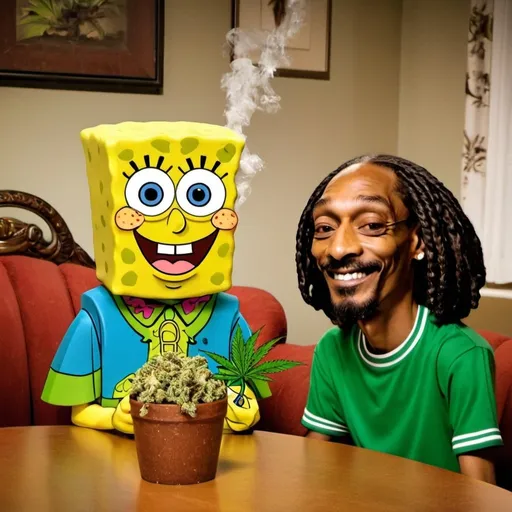 Prompt: SpongeBob smoking marijauna with snoop Dogg