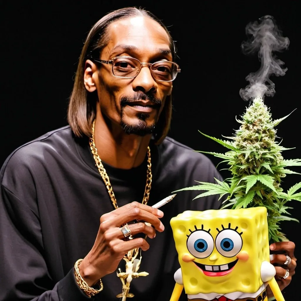 Prompt: SpongeBob smoking marihuana with snoop Dogg
